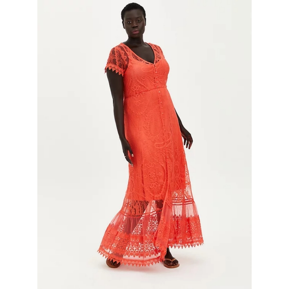 NEW Torrid Coral Lace Button Front Skater Maxi Dress